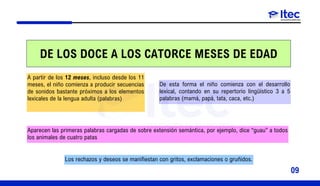DE LOS DOCE A LOS CATORCE MESES DE EDAD
A partir de los 12 meses, incluso desde los 11
meses, el niño comienza a producir secuencias
de sonidos bastante próximos a los elementos
lexicales de la lengua adulta (palabras)
De esta forma el niño comienza con el desarrollo
lexical, contando en su repertorio lingüístico 3 a 5
palabras (mamá, papá, tata, caca, etc.)
Aparecen las primeras palabras cargadas de sobre extensión semántica, por ejemplo, dice “guau” a todos
los animales de cuatro patas
Los rechazos y deseos se manifiestan con gritos, exclamaciones o gruñidos.
09
 