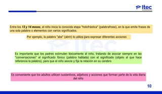 Es importante que los padres estimulen léxicamente al niño, tratando de asociar siempre en las
"conversaciones" el significado fónico (palabra hablada) con el significado (objeto al que hace
referencia la palabra), para que el niño asocie y fije la relación en su cerebro
Es conveniente que los adultos utilicen sustantivos, adjetivos y acciones que forman parte de la vida diaria
del niño
Entre los 13 y 14 meses, el niño inicia la conocida etapa "holofrástica" (palabrafrase), en la que emite frases de
una sola palabra o elementos con varios significados.
Por ejemplo, la palabra "abe" (abrir) lo utiliza para expresar diferentes acciones
10
 