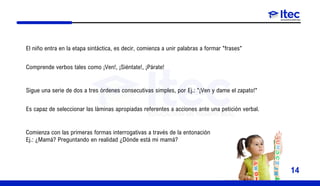El niño entra en la etapa sintáctica, es decir, comienza a unir palabras a formar "frases"
Comprende verbos tales como ¡Ven!, ¡Siéntate!, ¡Párate!
Sigue una serie de dos a tres órdenes consecutivas simples, por Ej.: "¡Ven y dame el zapato!"
Es capaz de seleccionar las láminas apropiadas referentes a acciones ante una petición verbal.
Comienza con las primeras formas interrogativas a través de la entonación
Ej.: ¿Mamá? Preguntando en realidad ¿Dónde está mi mamá?
14
 