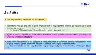 2 a 3 años
Usar lenguaje claro y sencillo que sea fácil de imitar
Demostrar al niño que para usted lo que él tenga que decir es muy importante  Pedirle que repita lo que no pueda
entender por completo.
Por ejemplo, "Sé que quieres un bloque. Dime otra vez qué bloque quieres.
Ayude al niño a expandir su vocabulario  Introduzca nuevas palabras leyéndole libros que tengan una
oraciones sencillas en cada página
Poner varios objetos dentro de una caja y pida al niño que los saque de uno en uno, diciendo cómo se llaman. Repita
lo que el niño diga y añada información adicional: "Esto es un peine. Miguel se peina el cabello".
Saque los objetos del cubo y ayude al niño a agruparlos por categoría (ropa, alimentos, artículos para dibujar,
etc.)
30
 
