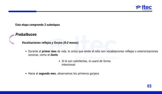 Esta etapa comprende 2 subetapas
Prebalbuceo
Vocalizaciones reflejas y Gorjeo (0-2 meses)
Durante el primer mes de vida, lo único que emite el niño son vocalizaciones reflejas o exteriorizaciones
sonoras, como el llanto.
Si le son satisfechas, lo usará de forma
intencional.
Hacia el segundo mes, observamos los primeros gorjeos
03
 