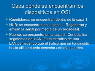 Capa donde se encuentran los
dispositivos en OSI




Repetidores: se encuentran dentro de la capa 1.
HUB: se encuentran en la capa 1. Regeneran y
envían la señal por medio de un broadcast.
Puente: se encuentra en la capa 2. Conecta los
segmentos del LAN. Filtra el trafico de una
LAN,permitiendo que el tráfico que se ha dirigido
hacia allí se pueda conectar con otras partes.

 