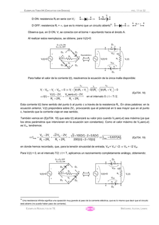 EJEMPLOS TEMA 04 (CIRCUITOS CON DIODOS) PÁG. 11 DE 32
EJEMPLOS RESUELTOS DE TE BRÉGAINS, IGLESIA, LAMAS
D ON: resistencia Rf en serie con Vg: Þ
D OFF: resistencia Rr = ¥, que es lo mismo que un circuito abiertoIV
: Þ
Observa que, en D ON, Vg se conecta con el borne + apuntando hacia el ánodo A.
Al realizar estos reemplazos, se obtiene, para Vi(t)>0:
Para hallar el valor de la corriente I(t), resolvemos la ecuación de la única malla disponible:
}
D 3D1
L
VV V
i D1 L D3 i f L f
i m
L f L f
V V V V 0 V I(t)R V I(t)R I(t)R V 0
V (t) 2V V sen( t) 2V
I(t) en el intervalo 0 t T / 2.
R 2R R 2R
g g
g g
é ù é ù- - - = Þ - + - - + =ë û ë û
- w -
Þ = = £ <
+ +
6447448 6447448
(EjsT04. 18)
Esta corriente I(t) tiene sentido del punto b al punto c a través de la resistencia RL. En otras palabras: en la
ecuación anterior, Vi(t) prepondera sobre 2Vg, provocando que el potencial en b sea mayor que en el punto
c, haciendo que la corriente viaje en ese sentido.
También vemos en (EjsT04. 18) que esta I(t) alcanzará su valor pico cuando Vmsen(wt) sea máxima (ya que
los otros parámetros que intervienen en la ecuación son constantes). Como el valor máximo de Vmsen(wt)
es Vm, tendremos:
g g- - ´ - ´
Þ = = = Þ =
+ + W + ´ W
m ef
max max
L f L f
V 2V 2 V 2V 2 100[V] 2 0,6[V]
I I 0,637[A].
R 2R R 2R 200[ ] 2 10[ ]
(EjsT04. 19)
en donde hemos recordado, que, para la tensión sinusoidal de entrada, Vef = Vm / Ö2 Þ Vm = Ö2 Vef.
Para Vi(t) < 0, en el intervalo T/2 £ t < T, aplicamos un razonamiento completamente análogo, obteniendo:
IV
Una resistencia infinita significa una oposición muy grande al paso de la corriente eléctrica, que es lo mismo que decir que el circuito
está abierto (no puede haber paso de corriente).
 