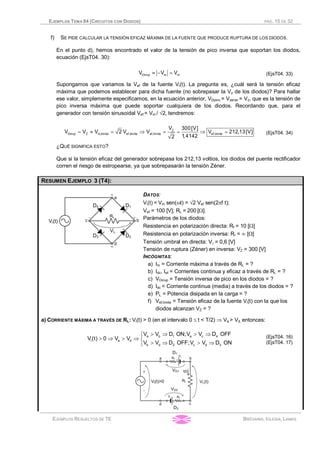 EJEMPLOS TEMA 04 (CIRCUITOS CON DIODOS) PÁG. 15 DE 32
EJEMPLOS RESUELTOS DE TE BRÉGAINS, IGLESIA, LAMAS
f) SE PIDE CALCULAR LA TENSIÓN EFICAZ MÁXIMA DE LA FUENTE QUE PRODUCE RUPTURA DE LOS DIODOS.
En el punto d), hemos encontrado el valor de la tensión de pico inversa que soportan los diodos,
ecuación (EjsT04. 30):
Dinvp m mV V V» - = (EjsT04. 33)
Supongamos que variamos la Vef de la fuente Vi(t). La pregunta es, ¿cuál será la tensión eficaz
máxima que podemos establecer para dicha fuente (no sobrepasar la Vz de los diodos)? Para hallar
ese valor, simplemente especificamos, en la ecuación anterior, VDpinv = Vzener = Vz, que es la tensión de
pico inversa máxima que puede soportar cualquiera de los diodos. Recordando que, para el
generador con tensión sinusoidal Vef = Vm / Ö2, tendremos:
Z
Dinvp Z m,limite ef,limite ef,limite ef,limite
V 300[V]
V V V 2 V V V 212,13[V]
1,41422
= » = Þ = = Þ = (EjsT04. 34)
¿QUÉ SIGNIFICA ESTO?
Que si la tensión eficaz del generador sobrepasa los 212,13 voltios, los diodos del puente rectificador
corren el riesgo de estropearse, ya que sobrepasarán la tensión Zéner.
RESUMEN EJEMPLO 3 (T4):
DATOS:
Vi(t) = Vm sen(wt) = Ö2 Vef sen(2pf t);
Vef = 100 [V]; RL = 200 [W].
Parámetros de los diodos:
Resistencia en polarización directa: Rf = 10 [W]
Resistencia en polarización inversa: Rr = ¥ [W]
Tensión umbral en directa: Vg = 0,6 [V]
Tensión de ruptura (Zéner) en inversa: VZ = 300 [V]
INCÓGNITAS:
a) Im = Corriente máxima a través de RL = ?
b) Idc, Ief = Corrientes continua y eficaz a través de RL = ?
c) VDinvp = Tensión inversa de pico en los diodos = ?
d) Idc = Corriente continua (media) a través de los diodos = ?
e) PL = Potencia disipada en la carga = ?
f) Vef,limite = Tensión eficaz de la fuente Vi(t) con la que los
diodos alcanzan VZ = ?
a) CORRIENTE MÁXIMA A TRAVÉS DE RL: Vi(t) > 0 (en el intervalo 0 £ t < T/2) Þ Va > Vd, entonces:
a b 1 a c 4
i a d
b d 2 c d 3
V V D ON;V V D OFF
V(t) 0 V V
V V D OFF;V V D ON
> Þ > Þì
> Þ > Þ í
> Þ > Þî
(EjsT04. 16)
(EjsT04. 17)
 