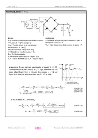 PÁG. 20 DE 32 EJEMPLOS TEMA 04 (CIRCUITOS CON DIODOS)
BRÉGAINS, IGLESIA, LAMAS TECNOLOGÍA ELECTRÓNICA, CURSO 2009/2010
RESUMEN EJEMPLO 4 (T4):
DATOS:
V1(t) = Tensión sinusoidal conectada al primario
= Vm sen(wt) = Ö2 Vef sen(2pf t);
V1ef = Tensión eficaz en el primario del
transformador = 230 [V];
f = Frecuencia del voltaje = 50 [Hz]
n= Relación de transformación = 10;
D1 a D4: Diodos ideales
Idc = Corriente continua por la carga = 5 [A].
Vr = Tensión de rizado (de VL)= 1 [V] pico a pico.
INCÓGNITAS:
C= Valor de la capacidad del condensador para la
tensión de rizado Vr = ?
Vdc = Valor de continua de la tensión de salida = ?
a) VALOR DE C PARA OBTENER UNA TENSIÓN DE RIZADO Vr = 1 [V]:
Consideramos que por C circula la Idc = 5 [A]. Llamando Dq a la
carga adquirida por C en el intervalo de descarga t2 » T/2 (ver
figura de la derecha), y considerando que T = 1/f, se tiene:
dc 2 dc dc dc
dc r r
2 r
I I T I Iq q
I , pero V V C
C C 2C 2f C 2f V
5[A]
C 0,05[F] 50000[ F]
2 50[Hz] 1[V]
tD D
= = Þ = = = Þ = =
t
= Þ = = m
´ ´
(EjsT04. 35)
(EjsT04. 36)
(EjsT04. 37)
b) VALOR MEDIO DE LA TENSIÓN VL:
1ef1m 1m
2m 2m
2m
2 VV V 2 230[V]
n V V 32,5[V]
V n n 10
´
= Þ = = Þ = = (EjsT04. 39)
r
dc 2m dc
V 1[V]
V V 32,5[V] V 32[V]
2 2
= - = - Þ = (EjsT04. 40)
 