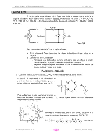 EJEMPLOS TEMA 04 (CIRCUITOS CON DIODOS) PÁG. 23 DE 32
EJEMPLOS RESUELTOS DE TE BRÉGAINS, IGLESIA, LAMAS
EJEMPLO 6 (T4):
El circuito de la figura utiliza un diodo Zéner para limitar la tensión que se aplica a la
carga RL procedente de un rectificador en puente de diodos (Características del Zéner: Vg = 0 [V], VZ = 12
[V], Rf = 100 [W], RZ = 0 [W], Rr®¥ [W]; Características de los diodos del rectificador: Vg = 0 [V], Rf = 50 [W],
Rr®¥ [W]).
FIGURA T4. 6
Para una tensión de entrada Vi de 20 voltios eficaces:
a) Si no existiera el Zéner, determinar los valores de tensión continua y eficaz en la
carga RL.
b) Con el diodo Zéner, establecer:
i. Formas de onda de tensión y corriente en la carga para un ciclo de la tensión
de la entrada Vi(t), indicando los valores instantáneos de interés.
ii. Expresión integral completa a través de la cual se determinan los valores de
tensión continua y eficaz en la carga.
PLANTEAMIENTO Y RESOLUCIÓN
a) ¿CÓMO SE CALCULAN LAS TENSIONES VLdc Y VLef CUANDO NO SE CONECTA EL DIODO ZÉNER?
El circuito es equivalente a un rectificador en
puente sin filtro, con la particularidad de que, como
carga, existe una resistencia RS en serie con RL:
Para analizar este circuito razonamos teniendo en
cuenta los resultados obtenidos en el EJEMPLO 3 (T4), página 10. Por ejemplo, si Vi(t)>0, tendremos
el siguiente circuito equivalente:
Teniendo en cuenta que RS está en serie con RL, y que Vg = 0, la
corriente media es, de acuerdo a la ecuación (EjsT04. 19):
( ) ( )
efm
dc max
S L f S L f
2 2 V2V2
I I
R R 2R R R 2R
´ ´æ ö
= = =ç ÷p p + + + + pè ø
(EjsT04. 49)
 