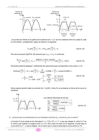 PÁG. 26 DE 32 EJEMPLOS TEMA 04 (CIRCUITOS CON DIODOS)
BRÉGAINS, IGLESIA, LAMAS TECNOLOGÍA ELECTRÓNICA, CURSO 2009/2010
Los puntos de interés en la gráfica de la derecha son 1 y 2: son los instantes entre los cuales DZ está
en zona Zéner, cumpliéndose, según se observa, lo siguiente:
p pæ ö æ ö
= Þ =ç ÷ ç ÷
è ø è ø
Lm Z L max Z
2 2
V sen t V R I sen t V
T T
(EjsT04. 54)
Pero de la ecuación (EjsT04. 49), tenemos que Imax = p Idc / 2, entonces:
[ ] [ ]
[ ]
W ´ ´p p pæ ö æ ö
= Þ =ç ÷ ç ÷
è ø è ø
L dc
Z
400 3,1416 0,03 AR I 2 2
sen t V sen t 12 V
2 T 2 T
(EjsT04. 55)
De donde podemos despejar t, obteniendo dos soluciones (que corresponden a los puntos 1 y 2):
( )
p p pæ ö æ ö
= Þ = = Þ = Þç ÷ ç ÷
è ø è ø
ì
= ì =ïìp ï ïp
Þ = Þ Þí í í
p - =î =ï ï= î
ï pî
1
1
2
2
2 2 12 2
18,84sen t 12 sen t 0,6366 t arcsen 0,6366
T T 18,84 T
0,69T
t t 0,11 T0,692 2
t
0,69 2,45 2,45TT t 0,39 Tt
2
(EjsT04. 56)
Ahora resulta sencillo hallar la corriente I(t) = VL(t)/RL. Como RL es constante, la forma de la curva no
cambiará:
Los valores relevantes de I(t) son:
[ ]
[ ]
[ ]
[ ]
= = =
W
= =
W
Lm
max
L
Z
L
18,84 VV
0,047[A] I
R 400
12 VV
0,03[A]
R 400
(EjsT04. 57)
c) ¿CUÁLES SON LAS EXPRESIONES DE LAS TENSIONES CONTINUA VLdc Y EFICAZ VLef EN LA CARGA?
La función VL(t) se repite en los intervalos 0 £ t < T/2 y T/2 £ t < T, o sea que integrar VL entre 0 y T es
lo mismo que duplicar la integral entre 0 y T/2. Otro modo de verlo es el siguiente: el área bajo la
curva entre 0 y T – o sea la integral- es lo mismo que 2 veces el área bajo la curva entre 0 y T/2.
 