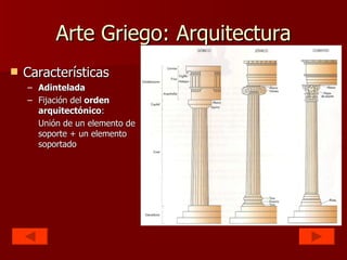 Arte Griego: Arquitectura Características Adintelada Fijación del  orden arquitectónico : Unión de un elemento de soporte + un elemento soportado 