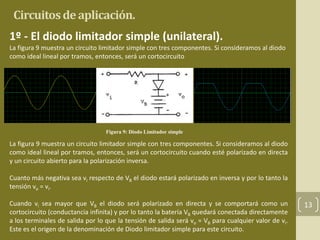 Circuitos de aplicación. 
13 
1º - El diodo limitador simple (unilateral). 
La figura 9 muestra un circuito limitador simple con tres componentes. Si consideramos al diodo 
como ideal lineal por tramos, entonces, será un cortocircuito 
Figura 9: Diodo Limitador simple 
La figura 9 muestra un circuito limitador simple con tres componentes. Si consideramos al diodo 
como ideal lineal por tramos, entonces, será un cortocircuito cuando esté polarizado en directa 
y un circuito abierto para la polarización inversa. 
Cuanto más negativa sea vi respecto de VB el diodo estará polarizado en inversa y por lo tanto la 
tensión vo = vi. 
Cuando vi sea mayor que VB el diodo será polarizado en directa y se comportará como un 
cortocircuito (conductancia infinita) y por lo tanto la batería VB quedará conectada directamente 
a los terminales de salida por lo que la tensión de salida será vo = VB para cualquier valor de vi. 
Este es el origen de la denominación de Diodo limitador simple para este circuito. 
 