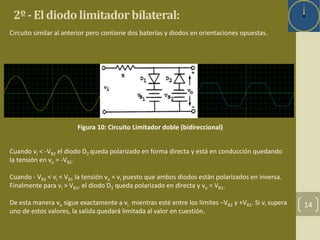 2º - Eldiodo limitadorbilateral: 
14 
Circuito similar al anterior pero contiene dos baterías y diodos en orientaciones opuestas. 
Figura 10: Circuito Limitador doble (bidireccional) 
Cuando vi < -VB2 el diodo D2 queda polarizado en forma directa y está en conducción quedando 
la tensión en vo = -VB2. 
Cuando - VB2 < vi < VB1 la tensión vo = vi puesto que ambos diodos están polarizados en inversa. 
Finalmente para vi > VB1, el diodo D1 queda polarizado en directa y vo = VB1. 
De esta manera vo sigue exactamente a vi mientras esté entre los límites –VB2 y +VB1. Si vi supera 
uno de estos valores, la salida quedará limitada al valor en cuestión. 
 