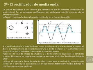 3º- El rectificador de media onda: 
16 
Un circuito rectificador es un circuito que convierte un flujo de corriente bidireccional en 
unidireccional. Con las apropiadas modificaciones son usados para convertir tensiones alterna 
en tensión contínua. 
La figura 11 muestra el más simple circuito rectificador en su forma más sencilla. 
Figura 12: Forma de onda de salida en el rectificador de media onda. 
Figura 11: Rectificador de media onda. 
Si la tensión de pico de la señal de alterna es mucho más grande que la tensión de arranque del 
diodo, el funcionamiento es sencillo: Cuando vs>0 el diodo conduce y vL = vs mientras que si 
vs<0, el diodo está polarizado en inversa y por lo tanto está abierto. 
Puesto que la señal de entrada es sinusoidal y el diodo solamente deja pasar los semiciclos 
positivos, bloqueando los negativos se comprende, entonces, el término “Rectificador de Media 
Onda”. 
La figura 12 muestra la forma de onda de salida. La corriente a través de RL es una función 
variable en el tiempo pero es unidireccional. De esta manera habrá valores medios distintos de 
cero (o componentes de contínua). 
 