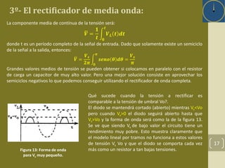3º- El rectificador de media onda: 
17 
La componente media de contínua de la tensión será: 
푽 = 
ퟏ 
풕 
풕 
푽푳 풕 풅풕 
ퟎ 
donde t es un período completo de la señal de entrada. Dado que solamente existe un semiciclo 
de la señal a la salida, entonces: 
푽 = 
푽풔 
ퟐ흅 
흅 
풔풆풏풐 휽 풅휽 = 
ퟎ 
푽풔 
흅 
Grandes valores medios de tensión se pueden obtener si colocamos en paralelo con el resistor 
de carga un capacitor de muy alto valor. Pero una mejor solución consiste en aprovechar los 
semiciclos negativos lo que podemos conseguir utilizando el rectificador de onda completa. 
Qué sucede cuando la tensión a rectificar es 
comparable a la tensión de umbral Vo?. 
El diodo se mantendrá cortado (abierto) mientras Vs<Vo 
pero cuando Vs>0 el diodo seguirá abierto hasta que 
Vs>Vo y la forma de onda será como la de la figura 13. 
Se ve que siendo Vs de bajo valor el circuito tiene un 
rendimiento muy pobre. Esto muestra claramente que 
el modelo lineal por tramos no funciona a estos valores 
de tensión Vs Vo y que el diodo se comporta cada vez 
Figura 13: Forma de onda más como un resistor a tan bajas tensiones. 
para Vs muy pequeño. 
 