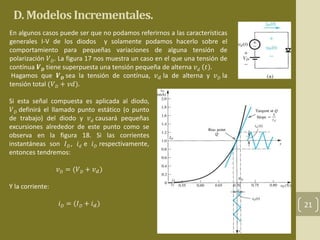 D. Modelos Incrementales. 
21 
En algunos casos puede ser que no podamos referirnos a las características 
generales I-V de los diodos y solamente podamos hacerlo sobre el 
comportamiento para pequeñas variaciones de alguna tensión de 
polarización 푉퐷. La figura 17 nos muestra un caso en el que una tensión de 
contínua 푽푫 tiene superpuesta una tensión pequeña de alterna 푣푑 푡 . 
Hagamos que 푽푫 sea la tensión de contínua, 푣푑 la de alterna y 푣퐷 la 
tensión total (푉퐷 + 푣푑). 
Si esta señal compuesta es aplicada al diodo, 
푉퐷 definirá el llamado punto estático (o punto 
de trabajo) del diodo y 푣푑 causará pequeñas 
excursiones alrededor de este punto como se 
observa en la figura 18. Si las corrientes 
instantáneas son 퐼퐷 , 푖푑 e 푖퐷 respectivamente, 
entonces tendremos: 
푣퐷 = (푉퐷 + 푣푑 ) 
Y la corriente: 
푖퐷 = (퐼퐷 + 푖푑 ) 
 