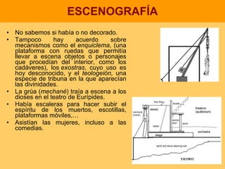 ESCENOGRAFÍA No sabemos si había o no decorado.  Tampoco hay acuerdo sobre mecanismos como el  enquiclema , (una plataforma con ruedas que permitía llevar a escena objetos o personajes que procedían del interior, como los cadáveres),  los  exostras , cuyo uso es hoy desconocido, y el  teologeión,  una especie de tribuna en la que aparecían las divinidades.  La grúa ( mechané ) traía a escena a los dioses en el teatro de Eurípides.  Había escaleras para hacer subir el espíritu de los muertos, escotillas, plataformas móviles,… Asistían las mujeres, incluso a las comedias. 