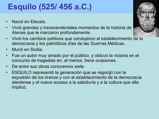 Esquilo (525/ 456 a.C.) Nació en Eleusis. Vivió grandes y transcendentales momentos de la historia de Atenas que le marcaron profundamente.  Vivió los cambios políticos que condujeron al establecimiento de la democracia y los patrióticos días de las Guerras Médicas.  Murió en Sicilia.  Fue un autor muy amado por el público, y obtuvo la victoria en el concurso de tragedias en, al menos, trece ocasiones.  De entre sus obras conocemos siete. ESQUILO representó la generación que se regocijó con la expulsión de los tiranos y con el establecimiento de la democracia ateniense y el nuevo acceso a la sabiduría y a la cultura que ella implicó. 