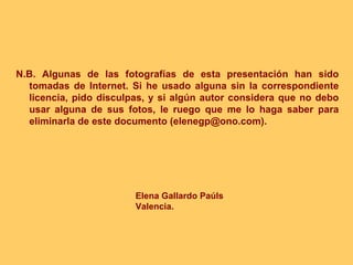 N.B. Algunas de las fotografías de esta presentación han sido tomadas de Internet. Si he usado alguna sin la correspondiente licencia, pido disculpas, y si algún autor considera que no debo usar alguna de sus fotos, le ruego que me lo haga saber para eliminarla de este documento (elenegp@ono.com). Elena Gallardo Paúls Valencia. 