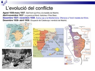 L’evolució del conflicte
Agost 1936-març 1937. Del front sud fins a la batalla de Madrid.
Abril-novembre 1937. La guerra al Nord: Astúries i País Basc .
Desembre 1937- novembre 1938. Avanç cap a la Mediterrània. Ofensiva a Terol i batalla de l’Ebre.
Desembre 1938- abril 1939. Ocupació de Catalunya i rendició de Madrid .
 