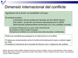 Dimensió internacional del conflicte
    Agudització de la tensió i la inestabilitat a Europa:

    El context europeu:
             Creixement de les tendències feixistes de l’Eix Berlín-Roma.
             Pes polític i social del comunisme representat per la URSS.
             Democràcies parlamentàries temeroses d’un nou conflicte mundial.
           La Guerra d’Espanya té un gran ressò internacional.
           Es divideix la opinió pública europea
           S’observa el conflicte com una lluita entre anticomunistes i antifeixistes.

   Política de neutralitat que propugna la no-intervenció en el conflicte.

   27 països es compromenten amb el Comitè de No-intervenció creat a Londres l’agost
   de 1936.
   S’impedeix la intervenció de la Societat de Nacions com a mitjancera del conflicte.


Albània, Alemanya, Àustria, Bèlgica, Bulgària, Dinamarca, Estònia, Finlàndia, França, la Gran Bretanya, Grècia, Hongria,
Irlanda, Itàlia, Letònia, Lituània, Luxemburg, Noruega, Països Baixos, Polònia, Portugal, Romania, Suècia, Txecoslovàquia,
Turquia, l'URSS i Iugoslàvia.
 