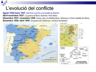 L’evolució del conflicte
Agost 1936-març 1937. Del front sud fins a la batalla de Madrid.
Abril-novembre 1937. La guerra al Nord: Astúries i País Basc .
Desembre 1937- novembre 1938. Avanç cap a la Mediterrània. Ofensiva a Terol i batalla de l’Ebre.
Desembre 1938- abril 1939. Ocupació de Catalunya i rendició de Madrid .
 