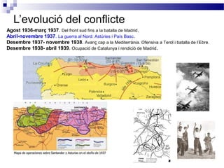 L’evolució del conflicte
Agost 1936-març 1937. Del front sud fins a la batalla de Madrid.
Abril-novembre 1937. La guerra al Nord: Astúries i País Basc .
Desembre 1937- novembre 1938. Avanç cap a la Mediterrània. Ofensiva a Terol i batalla de l’Ebre.
Desembre 1938- abril 1939. Ocupació de Catalunya i rendició de Madrid .
 