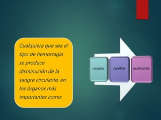Cualquiera que sea el
tipo de hemorragia
se produce
disminución de la
sangre circulante, en
los órganos más
importantes como:
 