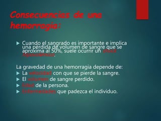 Consecuencias de una
hemorragia:
 Cuando el sangrado es importante e implica
una pérdida de volumen de sangre que se
aproxima al 50%, suele ocurrir un shock
hipovolémico.
La gravedad de una hemorragia depende de:
 La velocidad con que se pierde la sangre.
 El volumen de sangre perdido.
 Edad de la persona.
 Enfermedades que padezca el individuo.
 