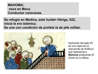 MAHOMA:
nace en Meca.
Conductor caravanas.
Se refugia en Medina, este huída= Hériga, 622,
inicia la era islámica.
Se une con condición de profeta la de jefe militar.
Ilustración del siglo XV
de una copia de un
manuscrito de Al-Biruni
que representa a
Mahoma predicando El
Corán en La Meca.
 