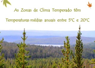 As Zonas de Clima Temperado têm
Temperaturas médias anuais entre 5°C e 20°C
 