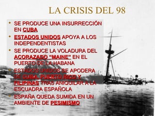 LA CRISIS DEL 98
 SE PRODUCE UNA INSURRECCIÓNSE PRODUCE UNA INSURRECCIÓN
ENEN CUBACUBA
 ESTADOS UNIDOSESTADOS UNIDOS APOYA A LOSAPOYA A LOS
INDEPENDENTISTASINDEPENDENTISTAS
 SE PRODUCE LA VOLADURA DELSE PRODUCE LA VOLADURA DEL
ACORAZADO “MAINE”ACORAZADO “MAINE” EN ELEN EL
PUERTO DE LA HABANAPUERTO DE LA HABANA
 ESTADOS UNIDOS SE APODERAESTADOS UNIDOS SE APODERA
DEDE CUBA, PUERTO RICO YCUBA, PUERTO RICO Y
FILIPINASFILIPINAS TRAS ANIQUILAR A LATRAS ANIQUILAR A LA
ESCUADRA ESPAÑOLAESCUADRA ESPAÑOLA
 ESPAÑA QUEDA SUMIDA EN UNESPAÑA QUEDA SUMIDA EN UN
AMBIENTE DEAMBIENTE DE PESIMISMOPESIMISMO
 