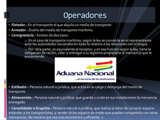 Operadores
• Fletador.- En el transporte el que alquila un medio de transporte.
• Armador.- Dueño del medio de transporte marítimo.
• Consignatario.- Existen de dos tipos:
o En el caso de transporte marítimo, según la ley se convierte en el representante
ante las autoridades nacionales en todo lo relativo a las relaciones con el buque.
o Por otra parte, es equivalente al receptor, y en esa función según la ley, tiene la
obligación de recibir, velar y entregar a su legitimo propietario la mercancía que le
encomiende.
• Estibador.- Persona natural o jurídica, que actúa en la carga y descarga del medio de
transporte.
• Almacenista.- Persona natural o jurídica, que guarda y cuida en sus instalaciones la mercancía
entregada.
• Consolidador o Grupista.- Persona natural o jurídica, que realiza la labor de comprar espacio
estándar a los transportistas, y vender dicho espacio de modo que puedan compartirlo con otras
mercancías, de manera que sea mas económico y eficiente. 1
 