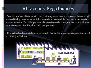 • Permite realizar el transporte convencional, almacenar a una corta distancia del
destino final, y transportar casi diariamente la cantidad de mercancía necesaria
para su consumo.También permite el tratamiento de emergencias y excepciones,
que era un valor añadido al servicio que prestan.
• El servicio fundamental que se presta dentro de los almacenes reguladores es el
de: Picking y Packing.
Almacenes Reguladores
 