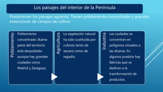 Los paisajes del interior de la Península
Predominan los paisajes agrarios. Tienen poblamiento concentrado y grandes
extensiones de campos de cultivo.
Poblamiento
Poblamiento
concentrado. Buena
parte del territorio
está despoblado
aunque hay grandes
ciudades como
Madrid y Zaragoza.
Agricultura
La vegetación natural
ha sido sustituida por
cultivos tanto de
secano como de
regadío.
Industria
Las ciudades se
concentran en
polígonos situados a
las afueras. En
algunos pueblos hay
fábricas que se
dedican a la
transformación de
productos.
 