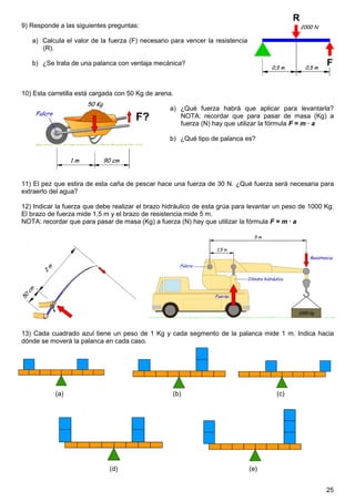 9) Responde a las siguientes preguntas:

   a) Calcula el valor de la fuerza (F) necesario para vencer la resistencia
      (R).

   b) ¿Se trata de una palanca con ventaja mecánica?



10) Esta carretilla está cargada con 50 Kg de arena.

                                                  a) ¿Qué fuerza habrá que aplicar para levantarla?
                                                     NOTA: recordar que para pasar de masa (Kg) a
                                                     fuerza (N) hay que utilizar la fórmula F = m · a

                                                  b) ¿Qué tipo de palanca es?




11) El pez que estira de esta caña de pescar hace una fuerza de 30 N. ¿Qué fuerza será necesaria para
extraerlo del agua?

12) Indicar la fuerza que debe realizar el brazo hidráulico de esta grúa para levantar un peso de 1000 Kg.
El brazo de fuerza mide 1,5 m y el brazo de resistencia mide 5 m.
NOTA: recordar que para pasar de masa (Kg) a fuerza (N) hay que utilizar la fórmula F = m · a




13) Cada cuadrado azul tiene un peso de 1 Kg y cada segmento de la palanca mide 1 m. Indica hacia
dónde se moverá la palanca en cada caso.




           (a)                                     (b)                                (c)




                              (d)                                              (e)


                                                                                                       25
 