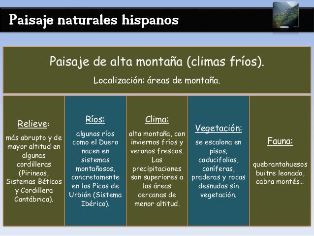 Paisaje naturales hispanos
Paisaje de alta montaña (climas fríos).
Localización: áreas de montaña.
Relieve:
más abrupto y ...