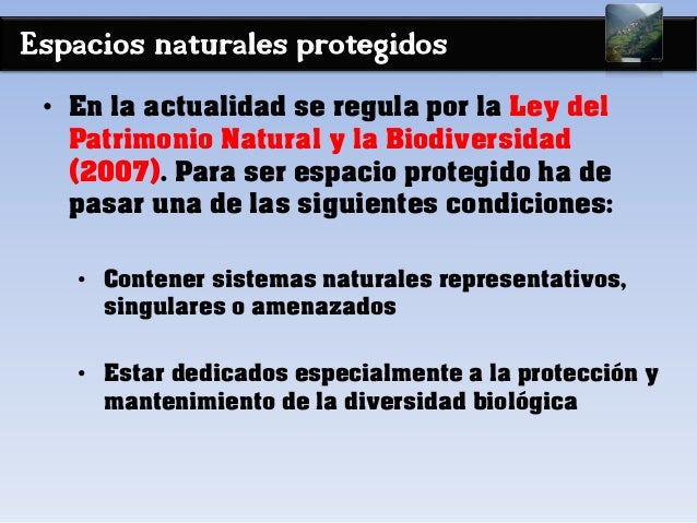 Espacios naturales protegidos
• En la actualidad se regula por la Ley del
Patrimonio Natural y la Biodiversidad
(2007). Pa...
