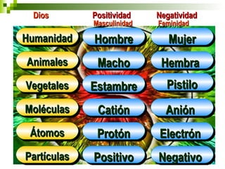 DDiiooss PPoossiittiivviiddaadd NNeeggaattiivviiddaadd 
HHuummaanniiddaadd 
AAnniimmaalleess 
VVeeggeettaalleess 
MMoollééccuullaass 
ÁÁttoommooss 
PPaarrttííccuullaass 
MMaassccuulliinniiddaadd FFeemmiinniiddaadd 
HHoommbbrree 
MMaacchhoo 
EEssttaammbbrree 
CCaattiióónn 
PPrroottóónn 
PPoossiittiivvoo 
MMuujjeerr 
HHeemmbbrraa 
PPiissttiilloo 
AAnniióónn 
EElleeccttrróónn 
NNeeggaattiivvoo 
 