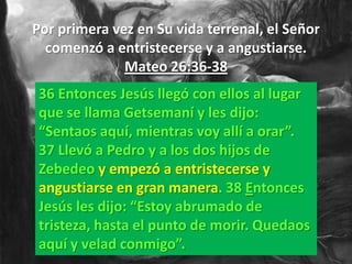 Por primera vez en Su vida terrenal, el Señor
  comenzó a entristecerse y a angustiarse.
              Mateo 26:36-38
 36 Entonces Jesús llegó con ellos al lugar
 que se llama Getsemaní y les dijo:
 “Sentaos aquí, mientras voy allí a orar”.
 37 Llevó a Pedro y a los dos hijos de
 Zebedeo y empezó a entristecerse y
 angustiarse en gran manera. 38 Entonces
 Jesús les dijo: “Estoy abrumado de
 tristeza, hasta el punto de morir. Quedaos
 aquí y velad conmigo”.
 