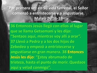 Por primera vez en Su vida terrenal, el Señor
  comenzó a entristecerse y a angustiarse.
              Mateo 26:36-38
 36 Entonces Jesús llegó con ellos al lugar
 que se llama Getsemaní y les dijo:
 “Sentaos aquí, mientras voy allí a orar”.
 37 Llevó a Pedro y a los dos hijos de
 Zebedeo y empezó a entristecerse y
 angustiarse en gran manera. 38 Entonces
 Jesús les dijo: “Estoy abrumado de
 tristeza, hasta el punto de morir. Quedaos
 aquí y velad conmigo”.
 