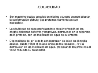 SOLUBILIDAD <ul><li>Son macromoléculas solubles en medios acuosos cuando adoptan la conformación globular (las proteínas f...