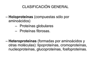 <ul><li>CLASIFICACIÓN GENERAL </li></ul><ul><ul><li>Holoproteínas  (compuestas sólo por aminoácidos)  </li></ul></ul><ul><...