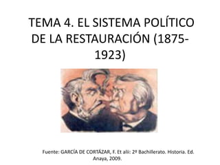 TEMA 4. EL SISTEMA POLÍTICO
DE LA RESTAURACIÓN (1875-
           1923)




  Fuente: GARCÍA DE CORTÁZAR, F. Et alii: 2º Bachillerato. Historia. Ed.
                      Anaya, 2009.
 