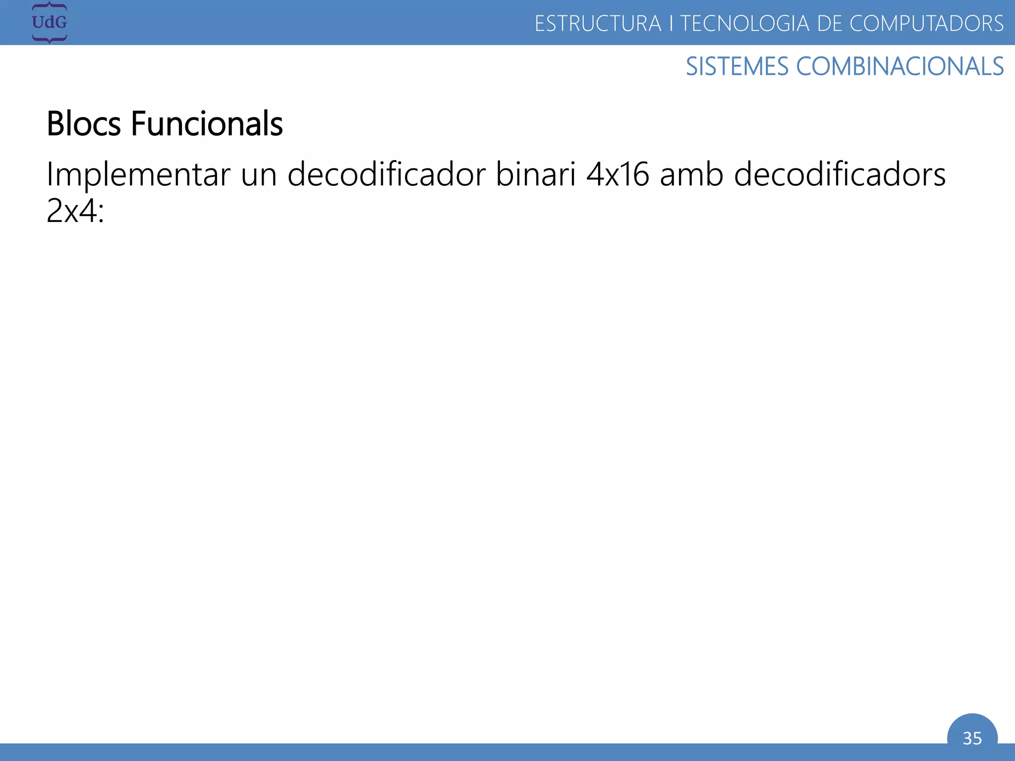 35
SISTEMES COMBINACIONALS
ESTRUCTURA I TECNOLOGIA DE COMPUTADORS
Blocs Funcionals
Implementar un decodificador binari 4x16 amb decodificadors
2x4:
 