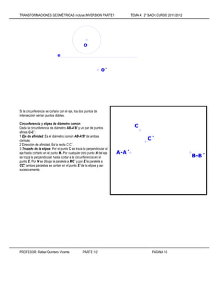 TRANSFORMACIONES GEOMÉTRICAS incluye INVERSION PARTE1 TEMA 4: 2º BACH.CURSO 2011/2012
PROFESOR: Rafael Quintero Vicente PARTE 1/2 PÁGINA 10
Si la circunferencia se cortara con el eje, los dos puntos de
intersección serían puntos dobles.
Circunferencia y elipse de diámetro común
Dada la circunferencia de diámetro AB-A'B' y un par de puntos
afines C-C´ :
1 Eje de afinidad. Es el diámetro común AB-A'B' de ambas
cónicas.
2 Dirección de afinidad. Es la recta C-C´.
3 Trazado de la elipse. Por el punto C se traza la perpendicular al
eje hasta cortarlo en el punto M. Por cualquier otro punto N del eje
se traza la perpendicular hasta cortar a la circunferencia en el
punto E. Por N se dibuja la paralela a MC´ y por E la paralela a
CC'; ambas paralelas se cortan en el punto E' de la elipse y así
sucesivamente.
O
e
O´
B-B´
A-A´
C´
C
 