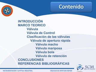 INTRODUCCIÓN
MARCO TEORICO
Válvula
Válvula de Control
Clasificación de las válvulas
Válvula de apertura rápida
Válvula macho
Válvula mariposa
Válvula bola
Válvula de retención
CONCLUSIONES
REFERENCIAS BIBLIOGRÁFICAS
 