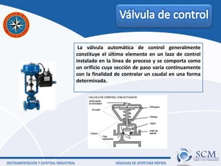La válvula automática de control generalmente
constituye el último elemento en un lazo de control
instalado en la línea de proceso y se comporta como
un orificio cuya sección de paso varia continuamente
con la finalidad de controlar un caudal en una forma
determinada.
 