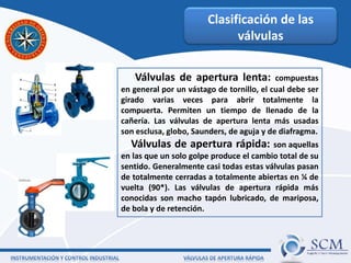 Clasificación de las
válvulas
Válvulas de apertura lenta: compuestas
en general por un vástago de tornillo, el cual debe ser
girado varias veces para abrir totalmente la
compuerta. Permiten un tiempo de llenado de la
cañería. Las válvulas de apertura lenta más usadas
son esclusa, globo, Saunders, de aguja y de diafragma.
Válvulas de apertura rápida: son aquellas
en las que un solo golpe produce el cambio total de su
sentido. Generalmente casi todas estas válvulas pasan
de totalmente cerradas a totalmente abiertas en ¼ de
vuelta (90*). Las válvulas de apertura rápida más
conocidas son macho tapón lubricado, de mariposa,
de bola y de retención.
 