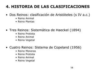 14
4. HISTORIA DE LAS CLASIFICACIONES
• Dos Reinos: clasificación de Aristóteles (s IV a.c.)
• Reino Animal
• Reino Plantas
• Tres Reinos: Sistemática de Haeckel (1894)
• Reino Protista
• Reino Animal
• Reino Vegetal
• Cuatro Reinos: Sistema de Copeland (1956)
• Reino Moneras
• Reino Protista
• Reino Animal
• Reino Vegetal
 