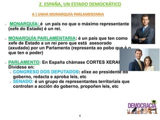 2. ESPAÑA, UN ESTADO DEMOCRÁTICO
A ) UNHA MONARQUÍA PARLAMENTARIA
MONARQUÍA: é un país no que o máximo representante
(xefe do Estado) é un rei.
MONARQUÍA PARLAMENTARIA: é un país que ten como
xefe de Estado a un rei pero que está asesorado
(axudado) por un Parlamento (representa ao pobo que é o
que ten o poder)
PARLAMENTO: En España chámase CORTES XERAIS.
Divídese en:
CONGRESO DOS DEPUTADOS: elixe ao presidente do
goberno, redacta e aproba leis, etc
SENADO: é un grupo de representantes territoriais que
controlan a acción do goberno, propoñen leis, etc
4
 