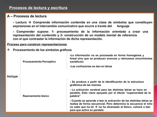 Procesos de lectura y escritura

A – Procesos de lectura
    - Lectura  Comprende información contenida en una clase de símbolos que constituyen
    expresiones en el intercambio comunicativo que ocurre a través del lenguaje
    - Comprender supone: 1- procesamiento de la información orientada a crear una
    representación del contenido y 2- construcción de un modelo mental de referencia
    con el que contrastar la información de dicha representación.
Proceso para construir representaciones
   Procesamiento de los símbolos gráficos
                                          -La información no es procesada en forma homogénea y
                                          lineal sino que se producen avances y retrocesos (movimientos
          Procesamiento Perceptivo        sacádicos)
                                          -Las confusiones se dan en letras


Incluye
                                          - Se produce a partir de la identificación de la estructura
                                          grafémica de las mismas
                                          - La activación cerebral para las distintas letras se hace en
                                          paralelo. Esto viene apoyado por el efecto “superioridad de la
          Razonamiento léxico             palabra”
                                          - Cuando se aprende a leer la activación de las distintas letras se
                                          realiza de forma secuencial. Pero determina la secuencia el niño
                                          no sabe que ha leí  no ha alcanzado al léxico, volverá a leer
                                          para que active en paralelo
 
