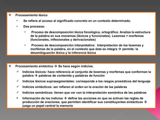    Procesamiento léxico
    •    Se refiere al acceso al significado concreto en un contexto determinado.
    •    Dos procesos:
         •    Proceso de descomposición léxica fonológica, ortográfica: Analiza la estructura
             de la palabra en sus monemas (léxicos y funcionales). Lexemas + morfemas
             (funcionales, inflexionales y derivacionales)
         •   Proceso de descomposición interpretativa: Interpretación de los lexemas y
             morfemas de la palabra, en el contexto que ésta se integra  permite: la
             desambiguación léxica y la inferencia léxica



   Procesamiento sintáctico  Se hace según indicios.
       Indicios léxicos: hace referencia al conjunto de lexemas y morfemas que conforman la
        palabra  palabras de contenido y palabras de función
       Indicios léxicos suprasegmentales: corresponde a los rasgos prosódicos del lenguaje
       Indicios sintácticos: ser refieren al orden en la oración de las palabras
       Indicios semánticos: tienen que ver con la interpretación semántica de las palabras
       Información de los indicios  define las acciones en que se activan las reglas de
        producción de oraciones, que permiten identificar sus constituyentes sintácticos 
        juega un papel central la memoria
 
